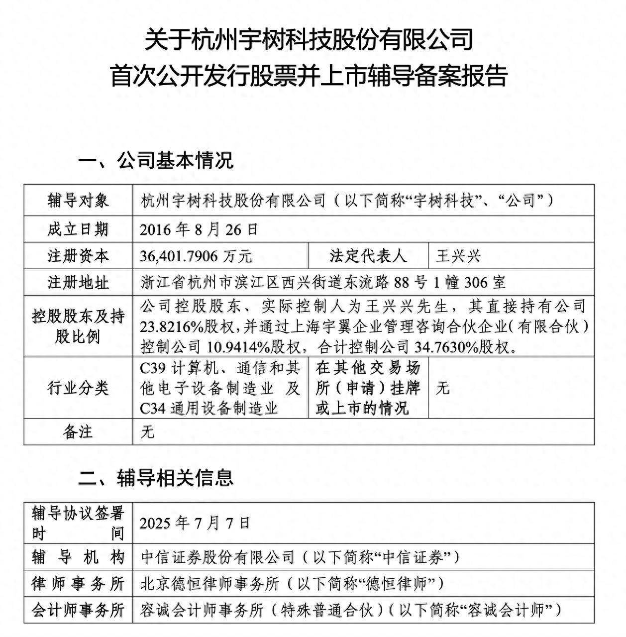 宇树科技或最快10月递交IPO申请:中信证券辅导,王兴兴控股35%