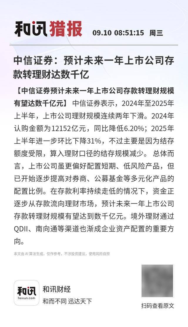 中信证券：预计未来一年上市公司存款转理财达数千亿